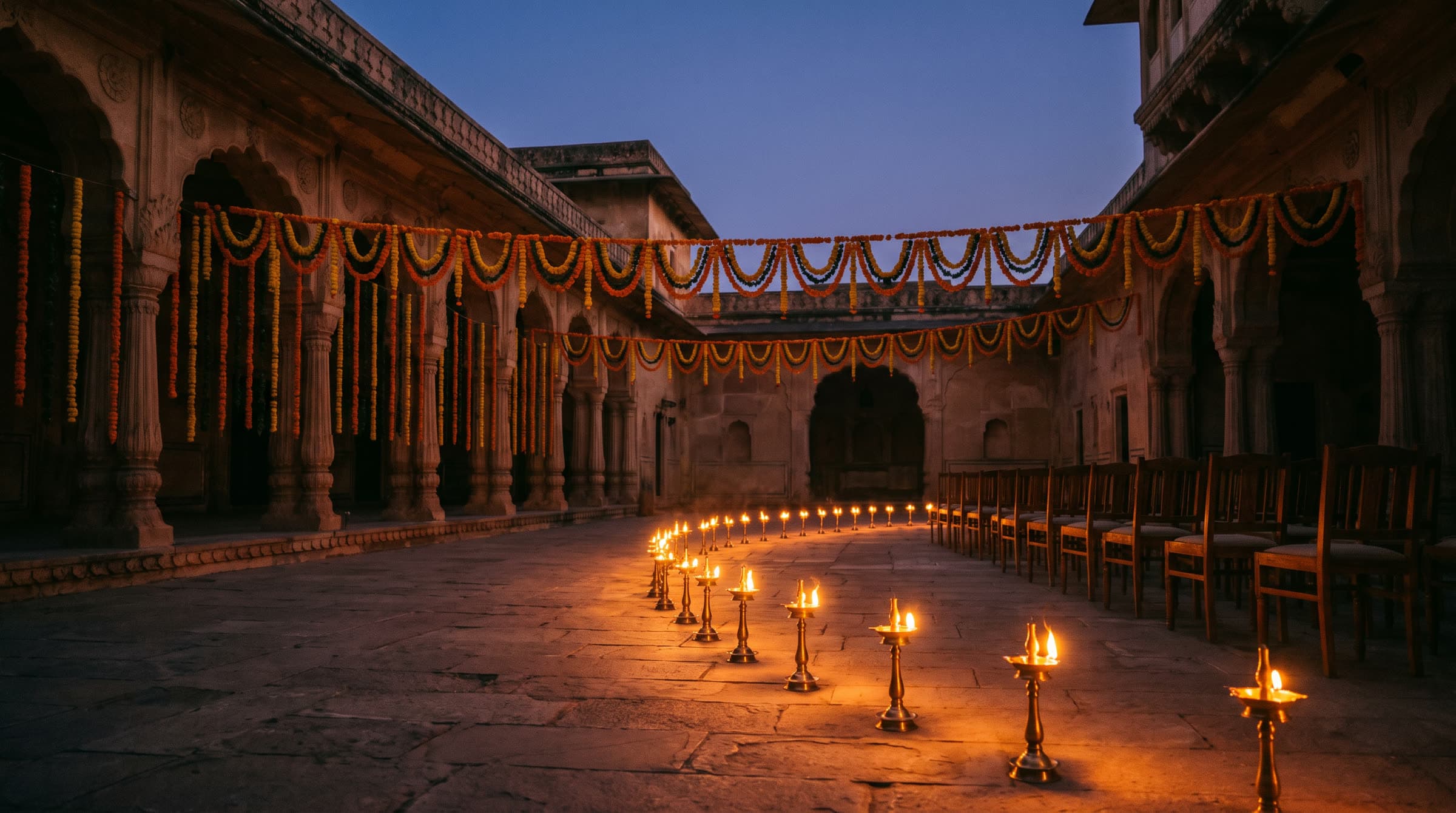 Palace courtyard lit with diyas at dusk